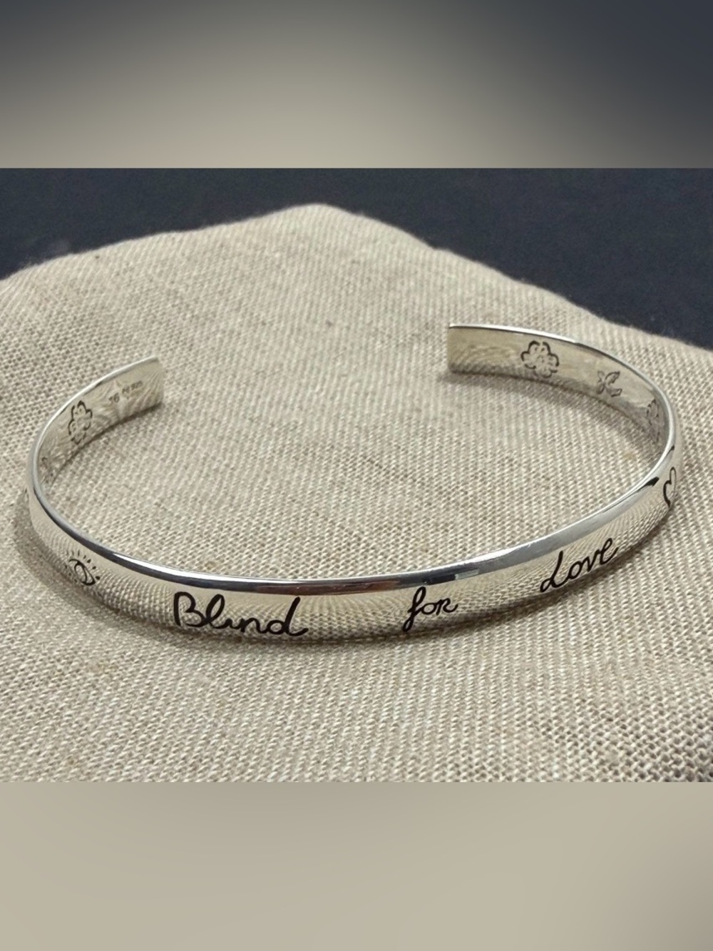 Gucci Sterling Silver Script Cuff Bracelet "Blind for Love"